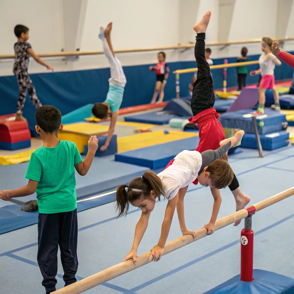 Group of kids practicing gymnastics